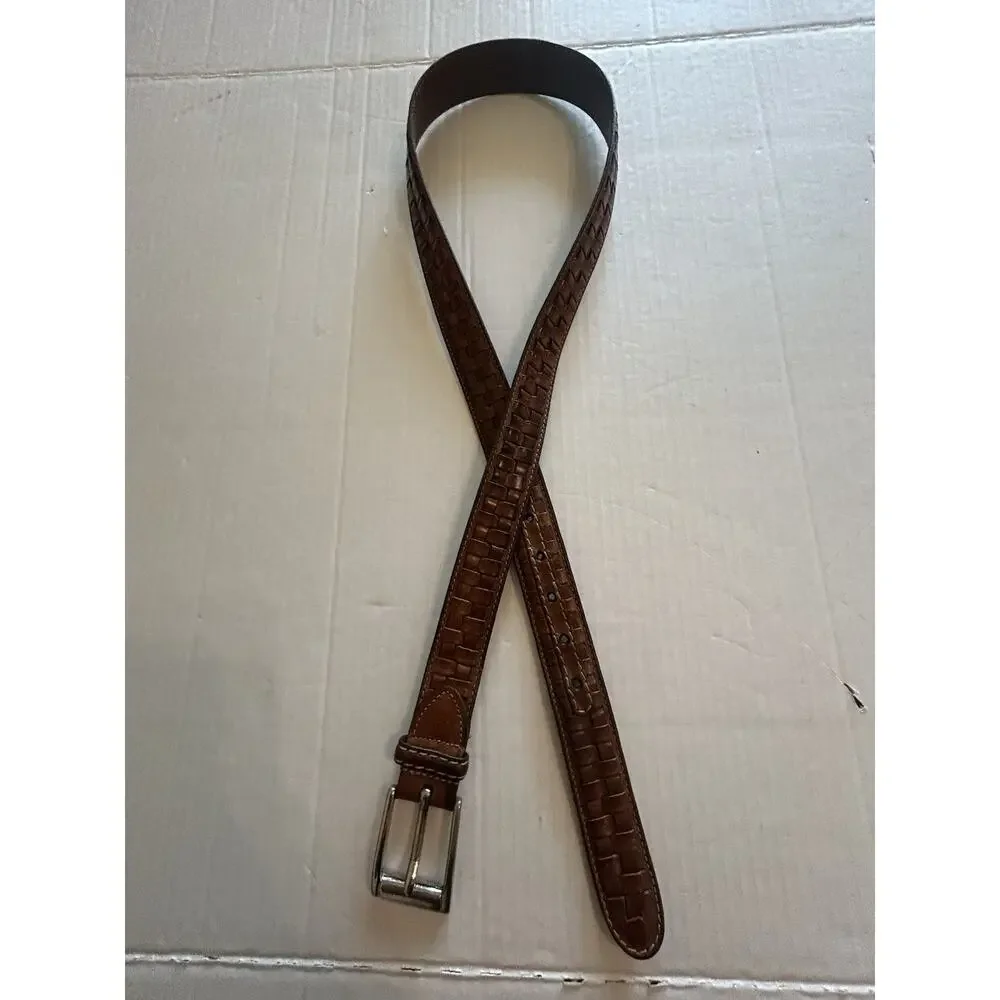 Vtg Johnston & Murphy Men’s Brown Woven Leather Belt Silver Buckle Dress Sz 36